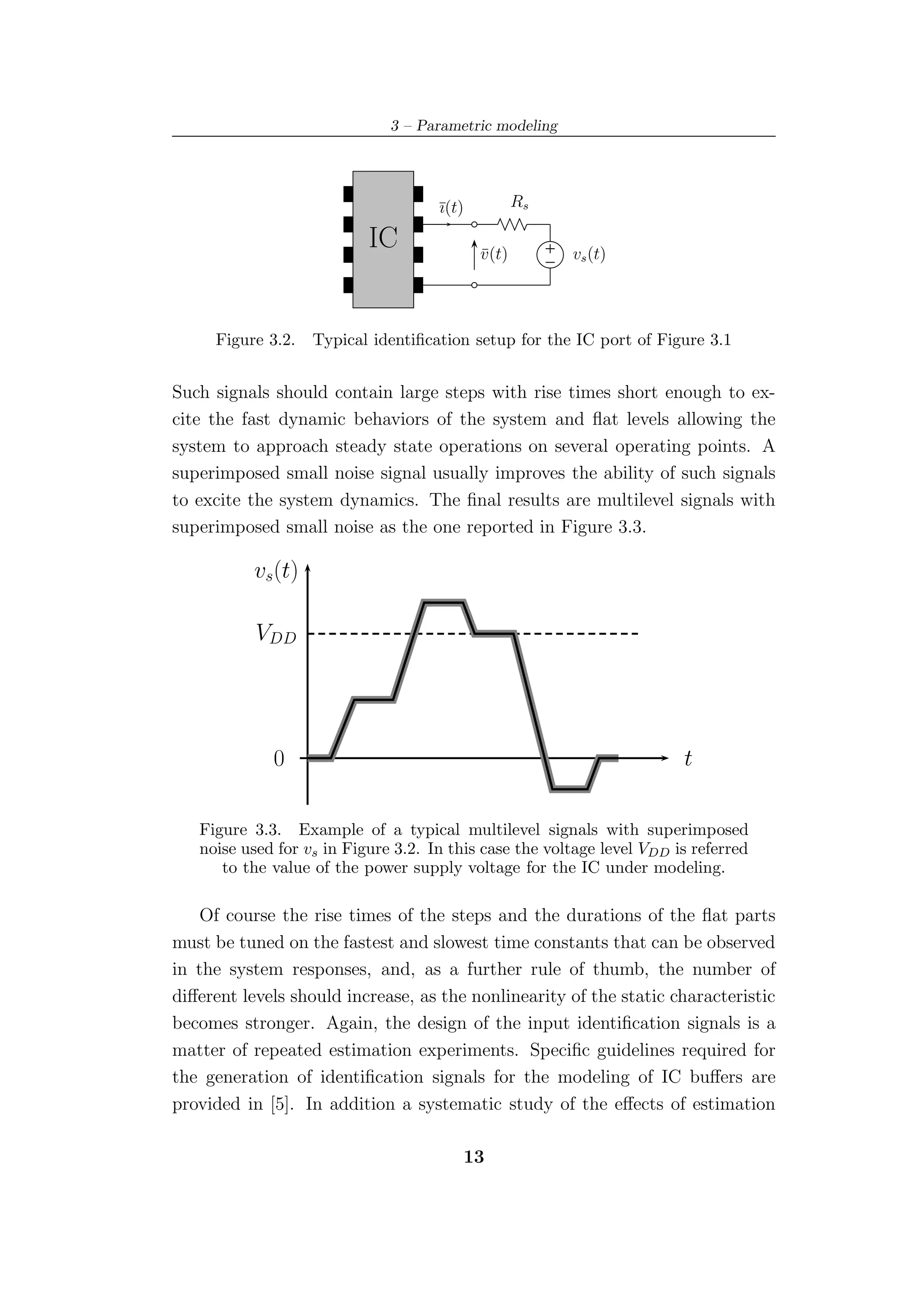 3 – Parametric modeling




                                     ¯(t)
                                     ı              Rs

                           IC               v (t)
                                            ¯            vs (t)




     Figure 3.2.   Typical identiﬁcation setup for the IC port of Figure 3.1


Such signals should contain large steps with rise times short enough to ex-
cite the fast dynamic behaviors of the system and ﬂat levels allowing the
system to approach steady state operations on several operating points. A
superimposed small noise signal usually improves the ability of such signals
to excite the system dynamics. The ﬁnal results are multilevel signals with
superimposed small noise as the one reported in Figure 3.3.

           vs(t)

           VDD




             0                                                          t

   Figure 3.3. Example of a typical multilevel signals with superimposed
   noise used for vs in Figure 3.2. In this case the voltage level VDD is referred
      to the value of the power supply voltage for the IC under modeling.

   Of course the rise times of the steps and the durations of the ﬂat parts
must be tuned on the fastest and slowest time constants that can be observed
in the system responses, and, as a further rule of thumb, the number of
diﬀerent levels should increase, as the nonlinearity of the static characteristic
becomes stronger. Again, the design of the input identiﬁcation signals is a
matter of repeated estimation experiments. Speciﬁc guidelines required for
the generation of identiﬁcation signals for the modeling of IC buﬀers are
provided in [5]. In addition a systematic study of the eﬀects of estimation

                                        13
 