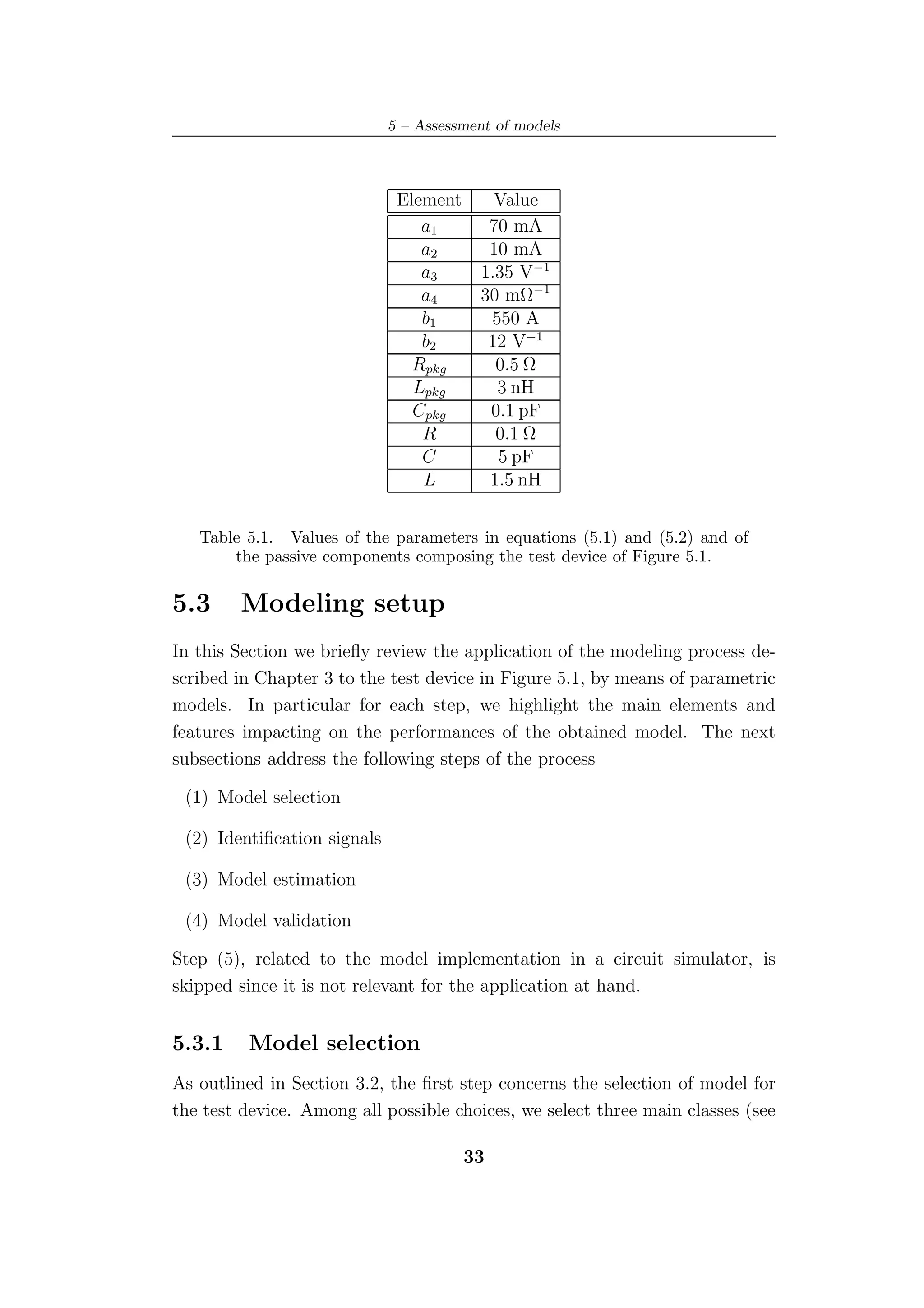 5 – Assessment of models



                              Element      Value
                                 a1       70 mA
                                 a2       10 mA
                                 a3      1.35 V−1
                                 a4      30 mΩ−1
                                 b1       550 A
                                 b2       12 V−1
                                Rpkg       0.5 Ω
                                Lpkg       3 nH
                                Cpkg      0.1 pF
                                 R         0.1 Ω
                                 C         5 pF
                                 L        1.5 nH


   Table 5.1. Values of the parameters in equations (5.1) and (5.2) and of
       the passive components composing the test device of Figure 5.1.

5.3     Modeling setup
In this Section we brieﬂy review the application of the modeling process de-
scribed in Chapter 3 to the test device in Figure 5.1, by means of parametric
models. In particular for each step, we highlight the main elements and
features impacting on the performances of the obtained model. The next
subsections address the following steps of the process

 (1) Model selection

 (2) Identiﬁcation signals

 (3) Model estimation

 (4) Model validation

Step (5), related to the model implementation in a circuit simulator, is
skipped since it is not relevant for the application at hand.


5.3.1    Model selection
As outlined in Section 3.2, the ﬁrst step concerns the selection of model for
the test device. Among all possible choices, we select three main classes (see

                                        33
 