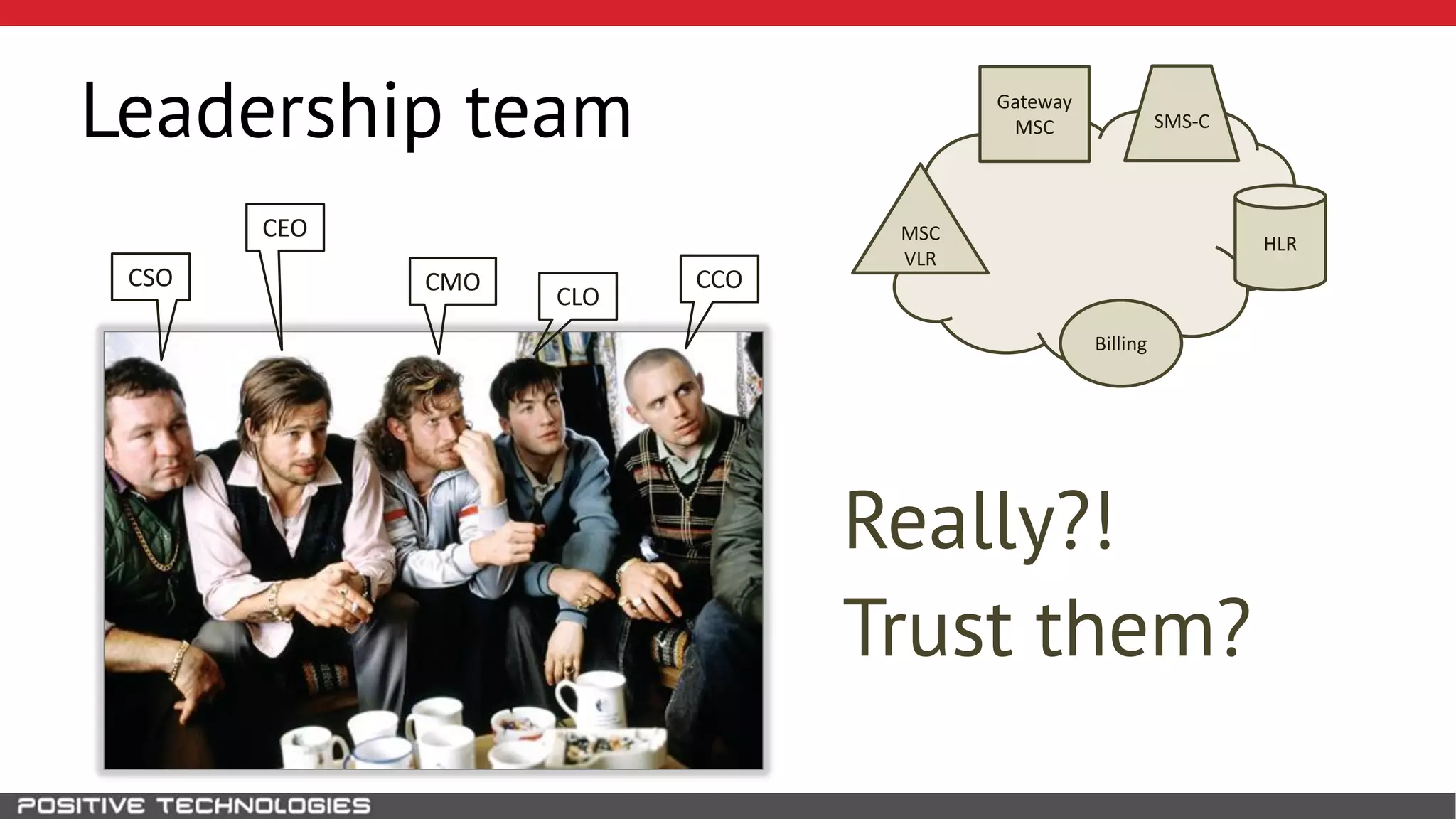 Leadership team
HLRMSC
VLR
Gateway
MSC
Billing
SMS-C
CEO
CSO CMO CCO
CLO
Really?!
Trust them?
 