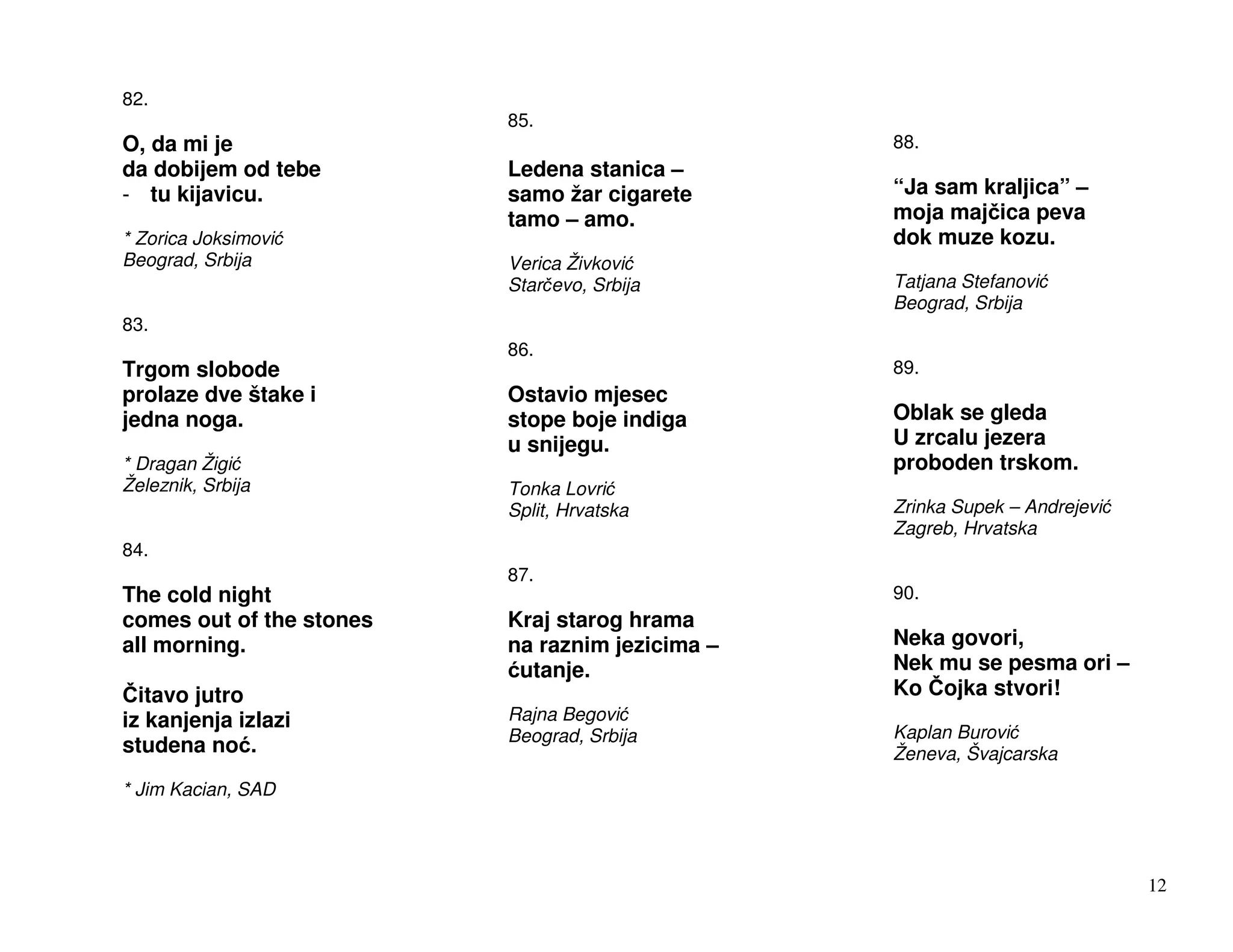 82.
                          85.
O, da mi je                                      88.
da dobijem od tebe        Ledena stanica –
- tu kijavicu.            samo žar cigarete      “Ja sam kraljica” –
                          tamo – amo.            moja maj ica peva
* Zorica Joksimovi                               dok muze kozu.
Beograd, Srbija           Verica Živkovi
                          Star evo, Srbija       Tatjana Stefanovi
                                                 Beograd, Srbija
83.
                          86.
Trgom slobode                                    89.
prolaze dve štake i       Ostavio mjesec
jedna noga.               stope boje indiga      Oblak se gleda
                          u snijegu.             U zrcalu jezera
* Dragan Žigi                                    proboden trskom.
Železnik, Srbija          Tonka Lovri
                          Split, Hrvatska        Zrinka Supek – Andrejevi
                                                 Zagreb, Hrvatska
84.
                          87.
The cold night                                   90.
comes out of the stones   Kraj starog hrama
all morning.              na raznim jezicima –   Neka govori,
                           utanje.               Nek mu se pesma ori –
  itavo jutro                                    Ko ojka stvori!
iz kanjenja izlazi        Rajna Begovi
                          Beograd, Srbija        Kaplan Burovi
studena no .                                     Ženeva, Švajcarska
* Jim Kacian, SAD




                                                                            12
 