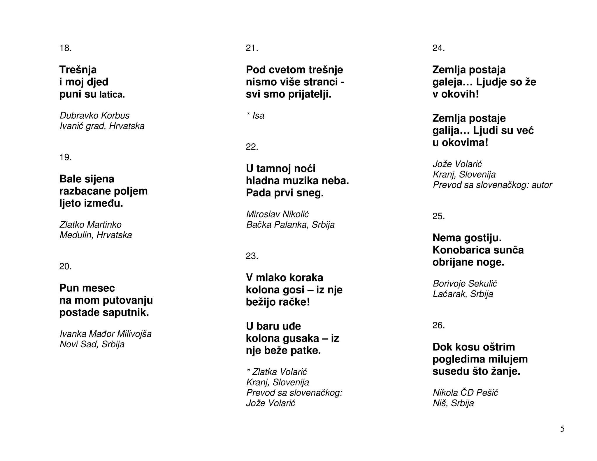 18.                      21.                      24.

Trešnja                  Pod cvetom trešnje       Zemlja postaja
i moj djed               nismo više stranci -     galeja… Ljudje so že
puni su latica.          svi smo prijatelji.      v okovih!
Dubravko Korbus          * Isa                    Zemlja postaje
Ivani grad, Hrvatska
                                                  galija… Ljudi su ve
                         22.                      u okovima!
19.
                                                  Jože Volari
                         U tamnoj no i
                                                  Kranj, Slovenija
Bale sijena              hladna muzika neba.      Prevod sa slovena kog: autor
razbacane poljem         Pada prvi sneg.
ljeto izme u.
                         Miroslav Nikoli          25.
Zlatko Martinko          Ba ka Palanka, Srbija
Medulin, Hrvatska                                 Nema gostiju.
                                                  Konobarica sun a
                         23.
20.                                               obrijane noge.
                         V mlako koraka
                                                  Borivoje Sekuli
Pun mesec                kolona gosi – iz nje     La arak, Srbija
na mom putovanju         bežijo ra ke!
postade saputnik.
                         U baru u e               26.
Ivanka Ma or Milivojša
                         kolona gusaka – iz
Novi Sad, Srbija                                  Dok kosu oštrim
                         nje beže patke.
                                                  pogledima milujem
                         * Zlatka Volari          susedu što žanje.
                         Kranj, Slovenija
                         Prevod sa slovena kog:   Nikola D Peši
                         Jože Volari              Niš, Srbija

                                                                                 5
 
