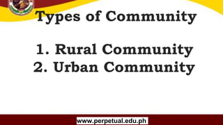 Copyright (C) SlideSalad.com All rights reserved.
Free SlideSalad Google Slides Template
Types of Community
www.perpetual.edu.ph
1. 1. Rural Community
2. 2. Urban Community
 