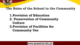 Copyright (C) SlideSalad.com All rights reserved.
Free SlideSalad Google Slides Template
The Roles of the School to the Community
www.perpetual.edu.ph
1.Provision of Education
2. Preservation of Community
Culture
3.Provision of Facilities for
Community Use
 