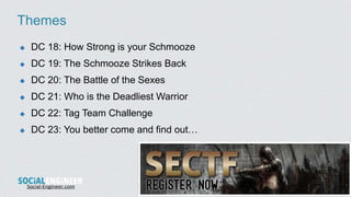 Social-Engineer.com
Themes
 DC 18: How Strong is your Schmooze
 DC 19: The Schmooze Strikes Back
 DC 20: The Battle of ...