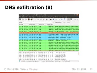 DNS exfiltration (8)




PHDays 2012, Moscow (Russia)   May 31, 2012   19
 