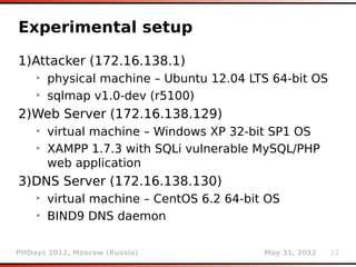 Experimental setup

1)Attacker (172.16.138.1)
    ➢
        physical machine – Ubuntu 12.04 LTS 64-bit OS
    ➢
        sqlmap v1.0-dev (r5100)
2)Web Server (172.16.138.129)
    ➢
        virtual machine – Windows XP 32-bit SP1 OS
    ➢
        XAMPP 1.7.3 with SQLi vulnerable MySQL/PHP
        web application
3)DNS Server (172.16.138.130)
    ➢
        virtual machine – CentOS 6.2 64-bit OS
    ➢
        BIND9 DNS daemon

PHDays 2012, Moscow (Russia)               May 31, 2012   23
 