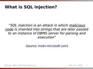 What is SQL injection?



   “SQL injection is an attack in which malicious
 code is inserted into strings that are later ...