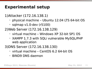 Experimental setup

1)Attacker (172.16.138.1)
    ➢
        physical machine – Ubuntu 12.04 LTS 64-bit OS
    ➢
        sq...