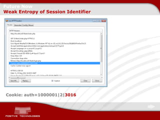 Future Now
Weak Entropy of Session Identifier




 Cookie: auth=1000001|2|3016
 