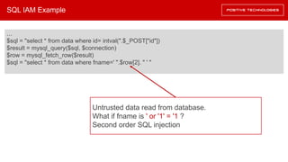 SQL IAM Example
…
$sql = "select * from data where id= intval(".$_POST["id"])
$result = mysql_query($sql, $connection)
$ro...