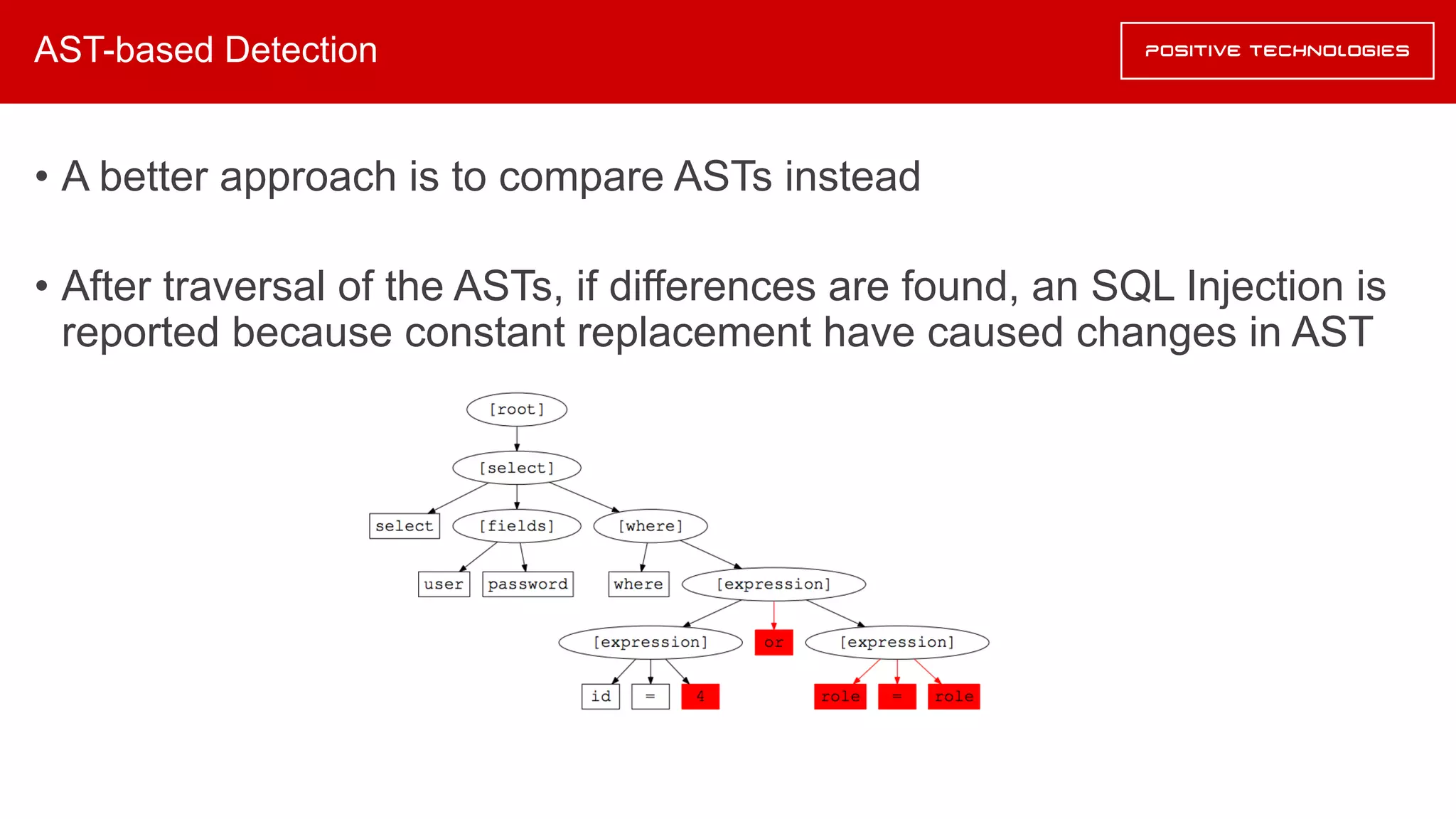 AST-based Detection
• A better approach is to compare ASTs instead
• After traversal of the ASTs, if differences are found, an SQL Injection is
reported because constant replacement have caused changes in AST
 