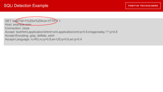SQLi Detection Example
GET /app/?id=1%20or%20true HTTP/1.1
Host: example.com
Connection: close
Accept: text/html,application/xhtml+xml,application/xml;q=0.9,image/webp,*/*;q=0.8
Accept-Encoding: gzip, deflate, sdch
Accept-Language: ru-RU,ru;q=0.8,en-US;q=0.6,en;q=0.4
 
