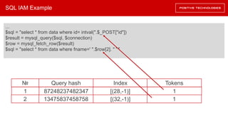 SQL IAM Example
…
$sql = "select * from data where id= intval(".$_POST["id"])
$result = mysql_query($sql, $connection)
$row = mysql_fetch_row($result)
$sql = "select * from data where fname=' ".$row[2]. " ' "
№ Query hash Index Tokens
1 87248237482347 [(28,-1)] 1
2 13475837458758 [(32,-1)] 1
 