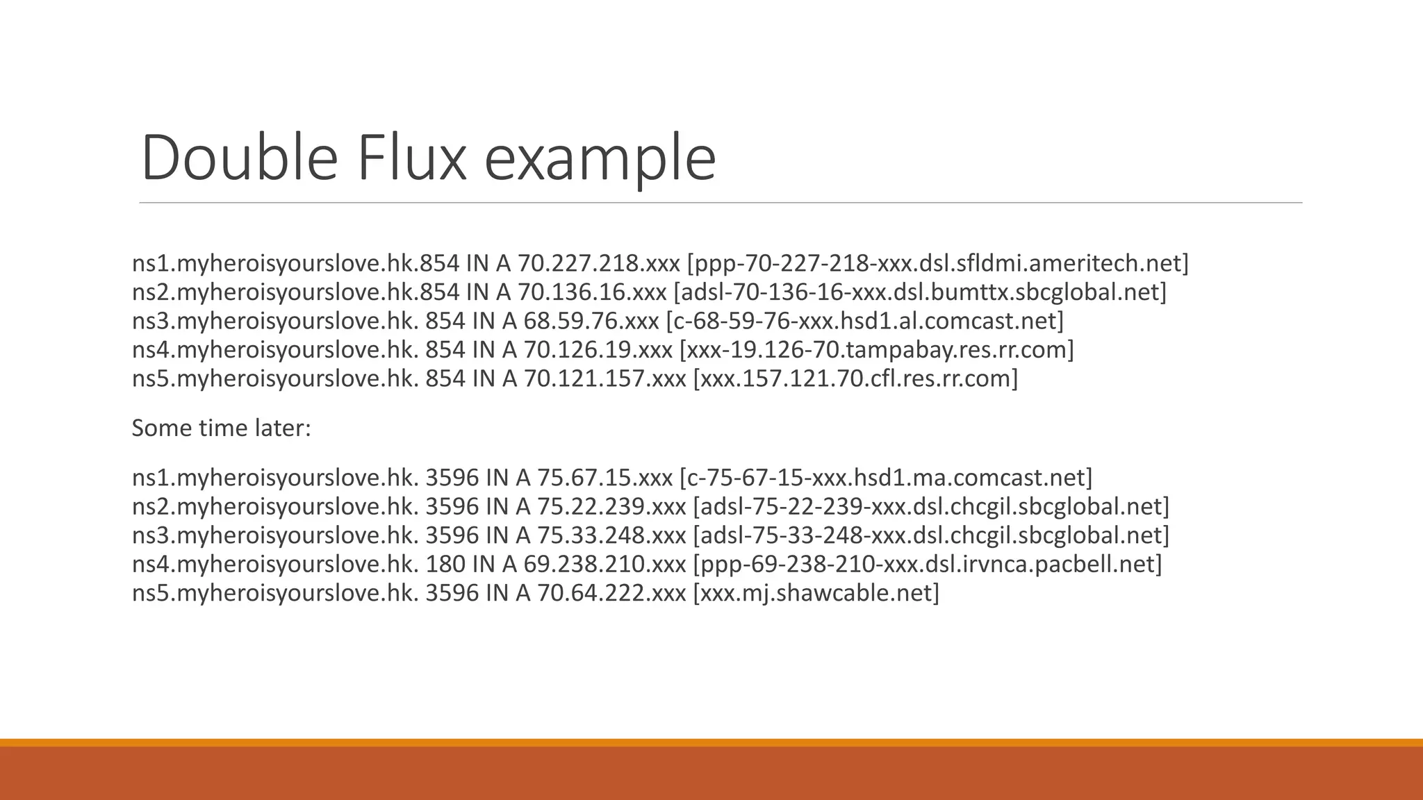 Double Flux example
ns1.myheroisyourslove.hk.854 IN A 70.227.218.xxx [ppp-70-227-218-xxx.dsl.sfldmi.ameritech.net]
ns2.myheroisyourslove.hk.854 IN A 70.136.16.xxx [adsl-70-136-16-xxx.dsl.bumttx.sbcglobal.net]
ns3.myheroisyourslove.hk. 854 IN A 68.59.76.xxx [c-68-59-76-xxx.hsd1.al.comcast.net]
ns4.myheroisyourslove.hk. 854 IN A 70.126.19.xxx [xxx-19.126-70.tampabay.res.rr.com]
ns5.myheroisyourslove.hk. 854 IN A 70.121.157.xxx [xxx.157.121.70.cfl.res.rr.com]
Some time later:
ns1.myheroisyourslove.hk. 3596 IN A 75.67.15.xxx [c-75-67-15-xxx.hsd1.ma.comcast.net]
ns2.myheroisyourslove.hk. 3596 IN A 75.22.239.xxx [adsl-75-22-239-xxx.dsl.chcgil.sbcglobal.net]
ns3.myheroisyourslove.hk. 3596 IN A 75.33.248.xxx [adsl-75-33-248-xxx.dsl.chcgil.sbcglobal.net]
ns4.myheroisyourslove.hk. 180 IN A 69.238.210.xxx [ppp-69-238-210-xxx.dsl.irvnca.pacbell.net]
ns5.myheroisyourslove.hk. 3596 IN A 70.64.222.xxx [xxx.mj.shawcable.net]
 