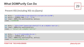 ptsecurity.com
What DOMPurify Can Do
29
Prevent XSS (including XSS via jQuery)
var dirty = '<a>123<b>456<script>alert(1)</...