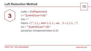 ptsecurity.com
Left Reduction Method
70
nodes = {CallExpression}
s = "});alert(1);var f=({t:"
ctxs = "
tokens = {"", }, ),...