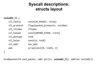 Syscall descriptions:
structs layout
sockaddr_ll {
sll_family const[AF_PACKET, int16]
sll_protocol flags[packet_protocols, int16be]
sll_ifindex ifindex
sll_hatype const[ARPHRD_ETHER, int16]
sll_pkttype int8
sll_halen const[6, int8]
sll_addr mac_addr
pad array[const[0, int8], 2]
}
bind$packet(fd sock_packet, addr ptr[in, sockaddr_ll], addrlen len[addr])
 