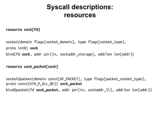 Syscall descriptions:
resources
resource sock[fd]
socket(domain flags[socket_domain], type flags[socket_type],
proto int8) sock
bind(fd sock, addr ptr[in, sockaddr_storage], addrlen len[addr])
resource sock_packet[sock]
socket$packet(domain const[AF_PACKET], type flags[packet_socket_type],
proto const[ETH_P_ALL_BE]) sock_packet
bind$packet(fd sock_packet, addr ptr[in, sockaddr_ll], addrlen len[addr])
 