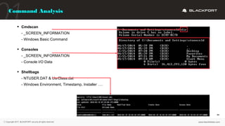  Cmdscan
- _SCREEN_INFORMATION
- Windows Basic Command
 Consoles
- _SCREEN_INFORMATION
- Console I/O Data
 Shellbags
- ...