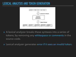LEXICAL ANALYSIS AND TOKEN GENERATION
▸ A lexical analyzer breaks these syntaxes into a series of
tokens, by removing any ...