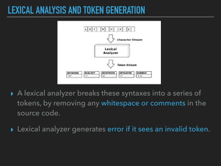 LEXICAL ANALYSIS AND TOKEN GENERATION
▸ A lexical analyzer breaks these syntaxes into a series of
tokens, by removing any whitespace or comments in the
source code.
▸ Lexical analyzer generates error if it sees an invalid token.
 