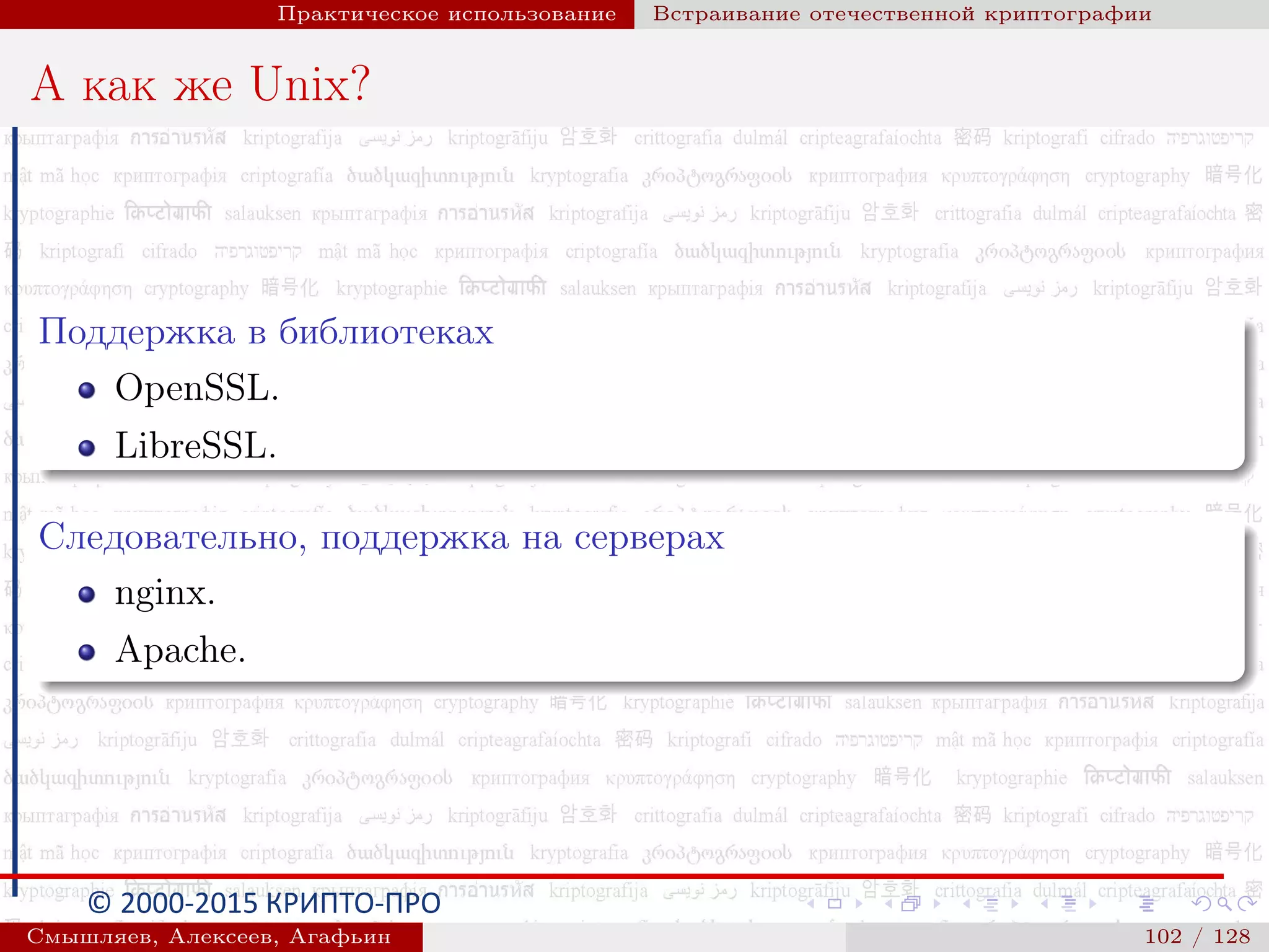 © 2000-2015 КРИПТО-ПРО
Практическое использование Встраивание отечественной криптографии
А как же Unix?
Поддержка в библиотеках
OpenSSL.
LibreSSL.
Следовательно, поддержка на серверах
nginx.
Apache.
Смышляев, Алексеев, Агафьин () 102 / 128
 