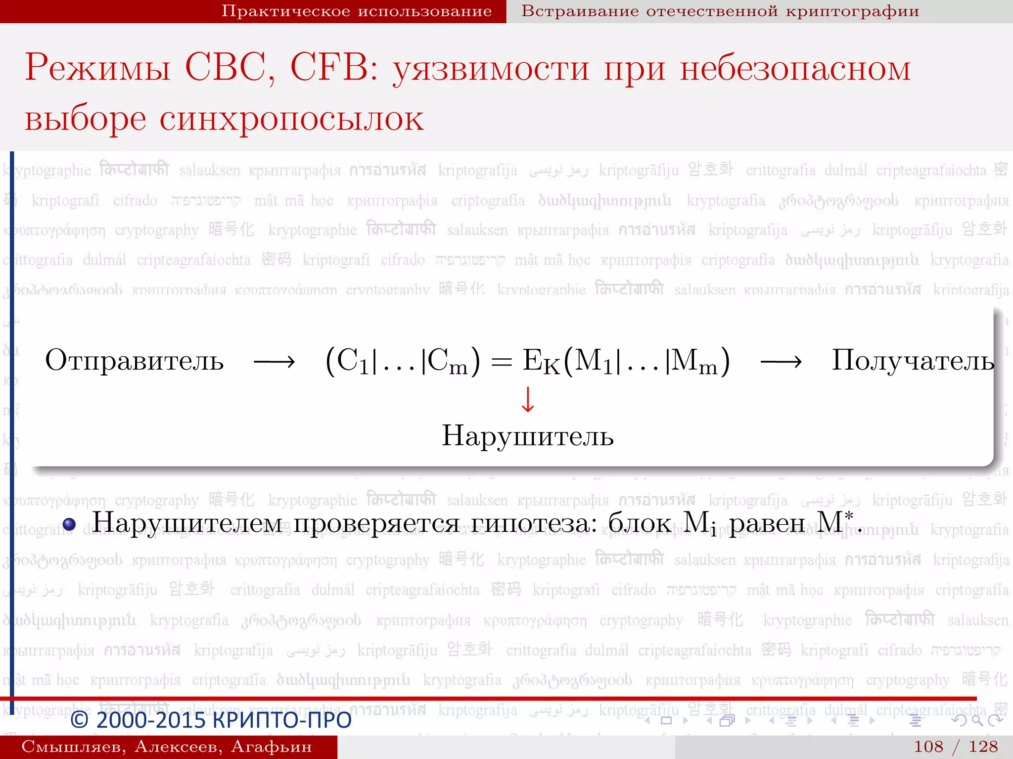 © 2000-2015 КРИПТО-ПРО
Практическое использование Встраивание отечественной криптографии
Режимы CBC, CFB: уязвимости при небезопасном
выборе синхропосылок
Отправитель −→ (C1| . . . |Cm) = EK(M1| . . . |Mm) −→ Получатель
↓
Нарушитель
Нарушителем проверяется гипотеза: блок Mi равен M∗.
Смышляев, Алексеев, Агафьин () 108 / 128
 