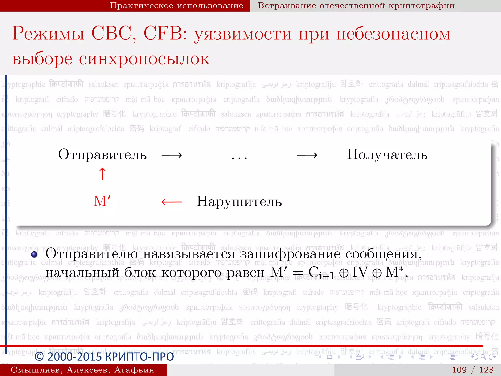 © 2000-2015 КРИПТО-ПРО
Практическое использование Встраивание отечественной криптографии
Режимы CBC, CFB: уязвимости при небезопасном
выборе синхропосылок
Отправитель −→ . . . −→ Получатель
↑
M ←− Нарушитель ←−
error:
incorrect padding
Отправителю навязывается зашифрование сообщения,
начальный блок которого равен M = Ci−1 ⊕ IV ⊕ M∗.
Смышляев, Алексеев, Агафьин () 109 / 128
 