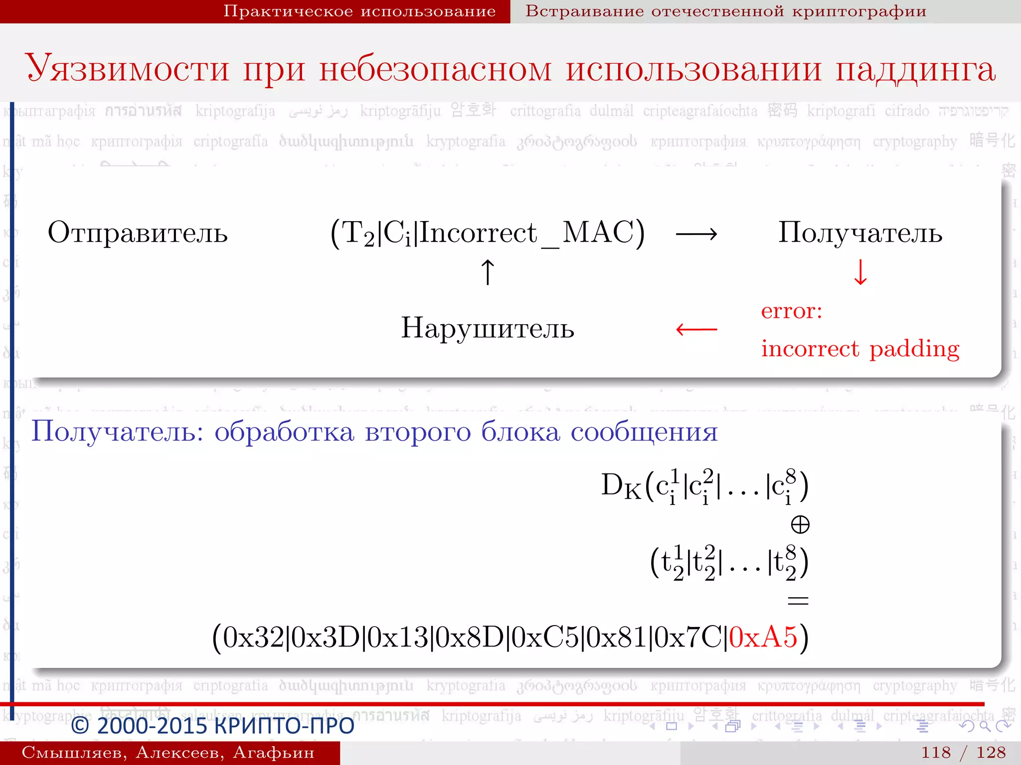 © 2000-2015 КРИПТО-ПРО
Практическое использование Встраивание отечественной криптографии
Уязвимости при небезопасном использовании паддинга
Отправитель (T2|Ci|Incorrect_MAC) −→ Получатель
↑ ↓
Нарушитель ←−
error:
incorrect padding
Получатель: обработка второго блока сообщения
DK(c1
i |c2
i | . . . |c8
i )
⊕
(t1
2|t2
2| . . . |t8
2)
=
(0x32|0x3D|0x13|0x8D|0xC5|0x81|0x7C|0xA5)
Смышляев, Алексеев, Агафьин () 118 / 128
 