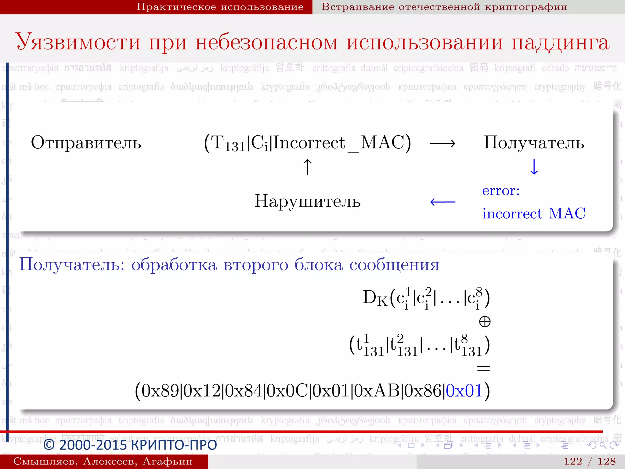© 2000-2015 КРИПТО-ПРО
Практическое использование Встраивание отечественной криптографии
Уязвимости при небезопасном использовании паддинга
Отправитель (T131|Ci|Incorrect_MAC) −→ Получатель
↑ ↓
Нарушитель ←−
error:
incorrect MAC
Получатель: обработка второго блока сообщения
DK(c1
i |c2
i | . . . |c8
i )
⊕
(t1
131|t2
131| . . . |t8
131)
=
(0x89|0x12|0x84|0x0C|0x01|0xAB|0x86|0x01)
Смышляев, Алексеев, Агафьин () 122 / 128
 