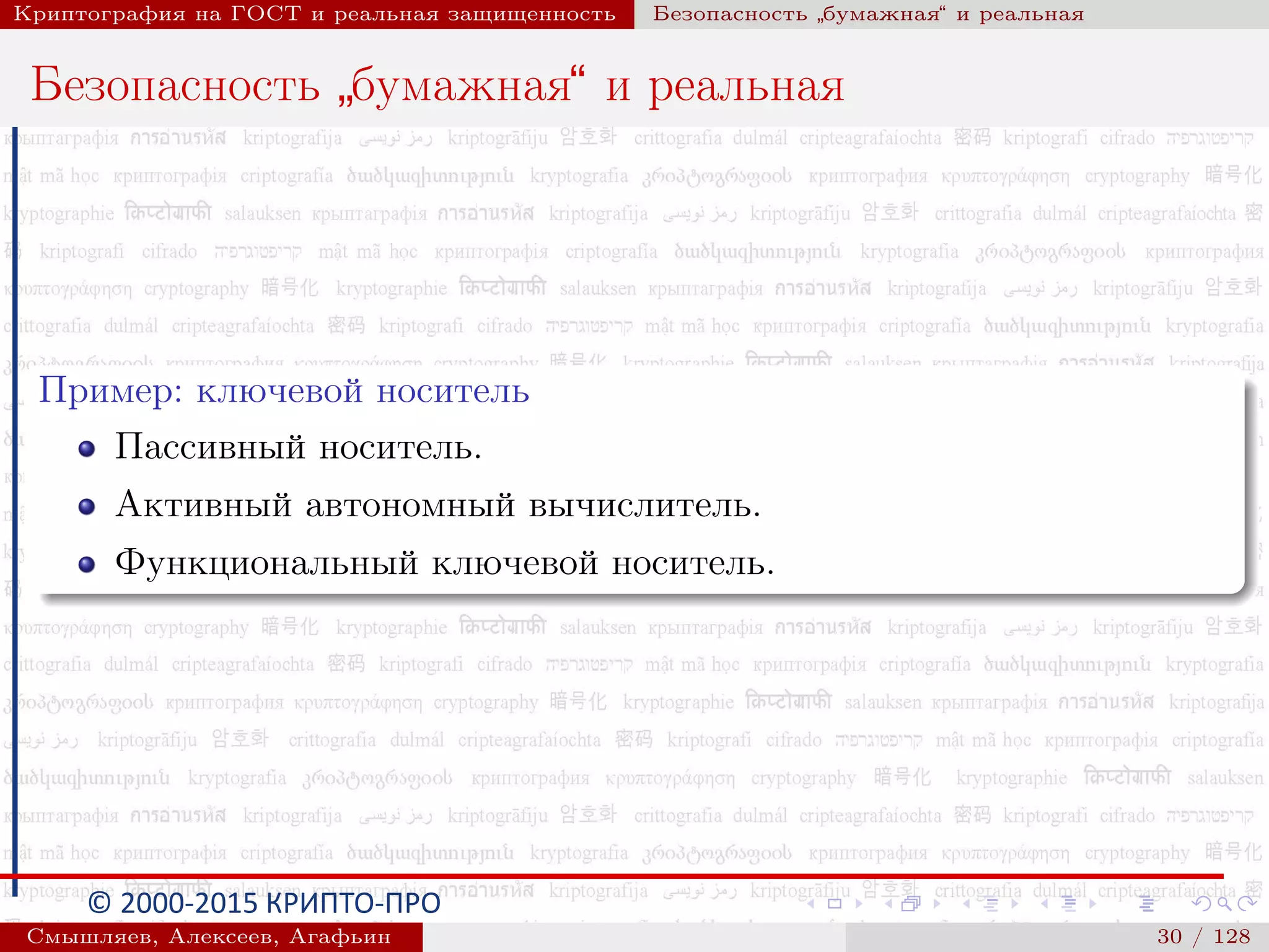 © 2000-2015 КРИПТО-ПРО
Криптография на ГОСТ и реальная защищенность Безопасность
”
бумажная“ и реальная
Безопасность
”
бумажная“ и реальная
Пример: ключевой носитель
Пассивный носитель.
Активный автономный вычислитель.
Функциональный ключевой носитель.
Смышляев, Алексеев, Агафьин () 30 / 128
 