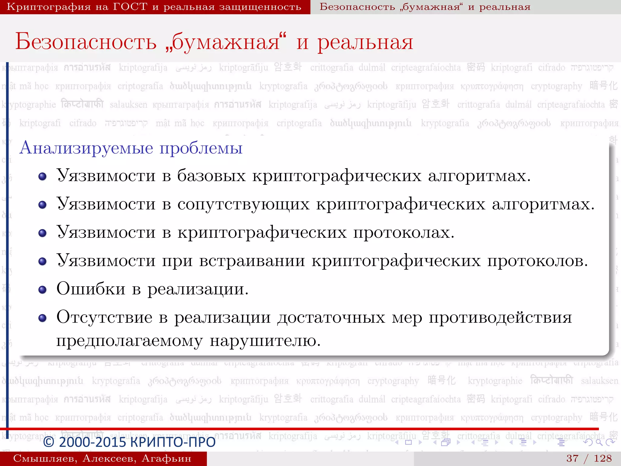 © 2000-2015 КРИПТО-ПРО
Криптография на ГОСТ и реальная защищенность Безопасность
”
бумажная“ и реальная
Безопасность
”
бумажная“ и реальная
Анализируемые проблемы
Уязвимости в базовых криптографических алгоритмах.
Уязвимости в сопутствующих криптографических алгоритмах.
Уязвимости в криптографических протоколах.
Уязвимости при встраивании криптографических протоколов.
Ошибки в реализации.
Отсутствие в реализации достаточных мер противодействия
предполагаемому нарушителю.
Смышляев, Алексеев, Агафьин () 37 / 128
 