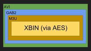 AVI
GAB2
M3U
XBIN (via AES)
 