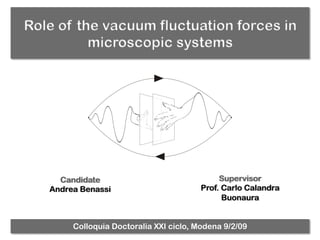 Role of the vacuum fluctuation forces in
microscopic systems
Colloquia Doctoralia XXI ciclo, Modena 9/2/09
Candidate
Andrea Benassi
Supervisor
Prof. Carlo Calandra
Buonaura
 