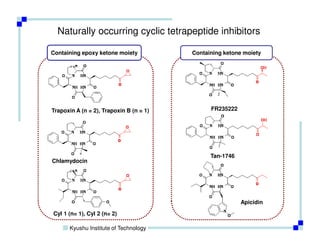Naturally occurring cyclic tetrapeptide inhibitors

Containing epoxy ketone moiety           Containing ketone moiety




Trapoxin A (n = 2), Trapoxin B (n = 1)         FR235222




                                               Tan-1746
Chlamydocin




                                                          Apicidin

Cyl 1 (n= 1), Cyl 2 (n= 2)

       Kyushu Institute of Technology
 