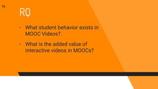 RQ
- What student behavior exists in
MOOC Videos?
- What is the added value of
interactive videos in MOOCs?
18
 