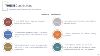 THESISContributions
4
We present novel contributions in multiple ﬁelds
CARS
Network
Context
Sensors
A novel CARS solution especially designed for
opportunistic environments.
A context-aware networking protocol to implement
self-organizing networks with commercial mobile
devices.
A lightweight approach to model and recognize the
user context by using the sensing capabilities of the
mobile device.
Data
Apps
A sensing framework to monitor context data from
real mobile devices.
2 mobile applications to perform sensing
experiments.
2 context datasets collected from real devices
Can be used to deﬁne and evaluate both context-
modelling approaches and new CARS algorithms.
Theoretical Experimental
 