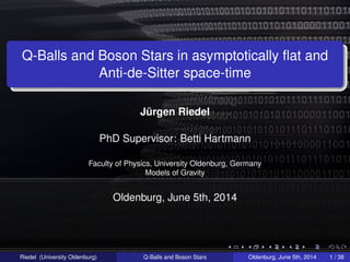Q-Balls and Boson Stars in asymptotically ﬂat and
Anti-de-Sitter space-time
Jürgen Riedel
PhD Supervisor: Betti Hartmann
Faculty of Physics, University Oldenburg, Germany
Models of Gravity
Oldenburg, June 5th, 2014
Riedel (University Oldenburg) Q-Balls and Boson Stars Oldenburg, June 5th, 2014 1 / 38
 