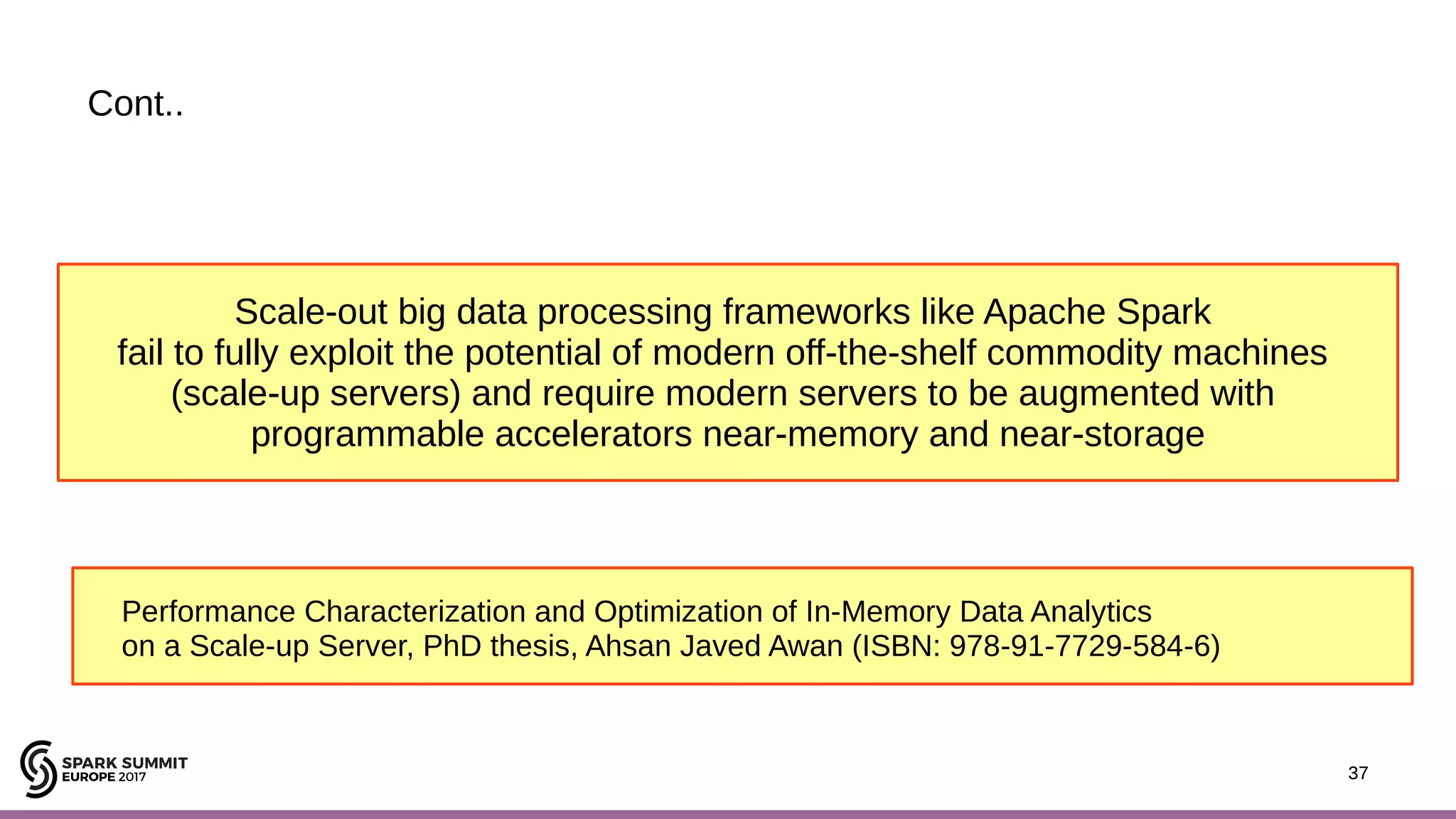37 Cont.. 37 Scale-out big data processing frameworks like Apache Spark fail to fully exploit the potential of modern off-the-shelf commodity machines (scale-up servers) and require modern servers to be augmented with programmable accelerators near-memory and near-storage Performance Characterization and Optimization of In-Memory Data Analytics on a Scale-up Server, PhD thesis, Ahsan Javed Awan (ISBN: 978-91-7729-584-6) 