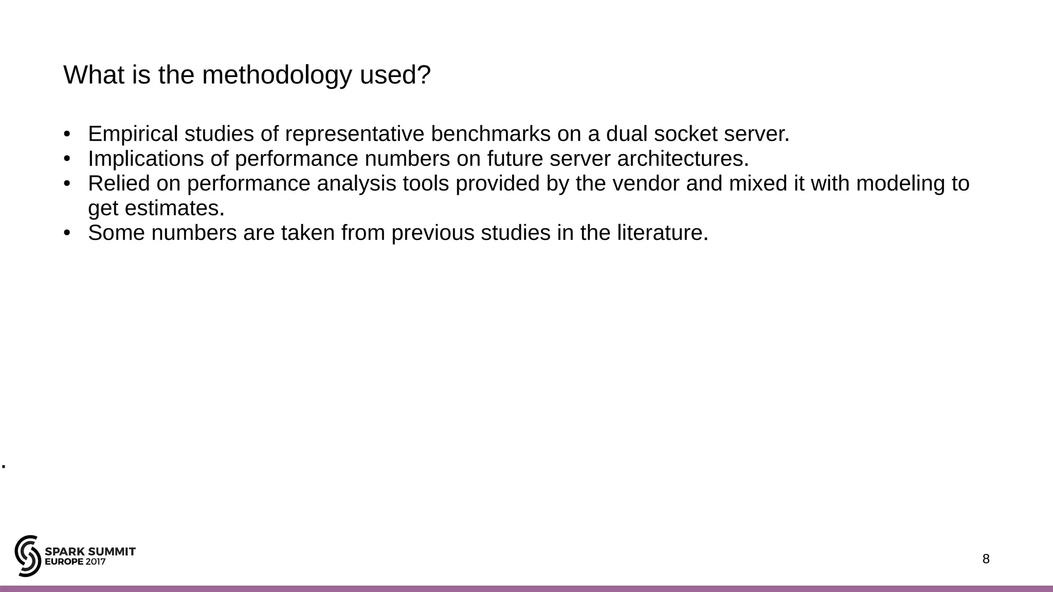 8 What is the methodology used? 8 ● Empirical studies of representative benchmarks on a dual socket server. ● Implications of performance numbers on future server architectures. ● Relied on performance analysis tools provided by the vendor and mixed it with modeling to get estimates. ● Some numbers are taken from previous studies in the literature. . 