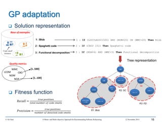 © Ali Ouni A Mono- and Multi-objective Approach for Recommending Software Refactoring 12 November 2014
GP adaptation
WMC
LCOM
NOM
CBO
[1..500]
[1..100]
Quality metrics
NOA
 Solution representation
16
1 : Blob
2 : Spaghetti code
3 : Functional decomposition
Base of examples
Code-smell
instance
3 : If (NOA≥4) AND (WMC<3) Then Functional decomposition
2 : If (CBO≥ 151) Then Spaghetti code
1 : If (LOCCLASS≥1500) AND (NOM≥20) OR (WMC>20) Then Blob
R1: Blob
R2: SC
R3: FD
OR
OR AND
AND
LOCClASS
≥ 1500
NOM ≥ 20
CBO ≥ 151
NOA ≥ 4
CBO<3
MWC ≥
20
N6
N1
N2
N3
N4
N5 N7
N8
N10
N9
Tree representation
 Fitness function
𝑅𝑒𝑐𝑎𝑙𝑙 =
𝑡𝑟𝑢𝑒 𝑝𝑜𝑠𝑖𝑡𝑖𝑣𝑒𝑠
𝑡𝑜𝑡𝑎𝑙 𝑛𝑢𝑚𝑏𝑒𝑟 𝑜𝑓 𝑐𝑜𝑑𝑒 𝑠𝑚𝑒𝑙𝑙𝑠
𝑃𝑟𝑒𝑐𝑖𝑠𝑖𝑜𝑛 =
𝑡𝑟𝑢𝑒 𝑝𝑜𝑠𝑖𝑡𝑖𝑣𝑒𝑠
𝑛𝑢𝑚𝑏𝑒𝑟 𝑜𝑓 𝑑𝑒𝑡𝑒𝑐𝑡𝑒𝑑 𝑐𝑜𝑑𝑒 𝑠𝑚𝑒𝑙𝑙𝑠
 