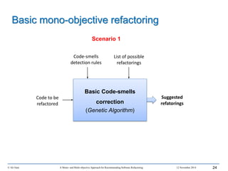 © Ali Ouni A Mono- and Multi-objective Approach for Recommending Software Refactoring 12 November 2014 24
Basic mono-objective refactoring
Code to be
refactored
Suggested
refatorings
Code-smells
detection rules
List of possible
refactorings
Basic Code-smells
correction
(Genetic Algorithm)
Scenario 1
 