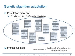 © Ali Ouni A Mono- and Multi-objective Approach for Recommending Software Refactoring 12 November 2014 26
 Population creation
 Population: set of refactoring solutions
 Fitness function
Genetic algorithm adaptation
Correction ratio =
# code smells 𝑎𝑓𝑡𝑒𝑟 𝑟𝑒𝑓𝑎𝑐𝑡𝑜𝑟𝑖𝑛𝑔
# detected code smells
moveMethod
pullUpAttribute
extractClass
inlineClass
extractSuperClass
inlineMethod
extractClass
pullUpAttribute
extractClass
moveMethod
moveMethod
pullUpAttribute
extractClass
inlineClass
extractSuperClass
inlineMethod
extractClass
moveMethod
moveMethod
pullUpAttribute
extractClass
inlineClass
extractSuperClass
inlineMethod
extractClass
moveMethod
moveMethod
pullUpAttribute
extractClass
inlineClass
extractSuperClass
inlineMethod moveMethod
pullUpAttribute
extractClass
inlineClass
extractSuperClass
inlineMethod
inlineClass
inlineMethod
extractSuperClass
moveMethod
pullUpAttribute
extractClass
inlineClass
extractSuperClass
inlineMethod
extractClass
moveMethod
pullUpAttribute
extractClass
inlineClass
extractSuperClass
inlineMethod
extractClass
moveMethod
moveMethod
pullUpAttribute
extractClass
inlineClass
extractSuperClass
inlineMethod
extractClass
moveMethod
moveMethod
pullUpAttribute
extractClass
inlineClass
extractSuperClass
inlineMethod
extractClass
pullUpAttribute
extractClass
moveMethod
moveMethod
pullUpAttribute
extractClass
 