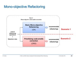 © Ali Ouni A Mono- and Multi-objective Approach for Recommending Software Refactoring 12 November 2014 28
Mono-objective Refactoring
recommended
refactorings
Part 2
Mono-objective code-smells correction
Basic Mono-objective
Refactoring
(GA)
Prioritizing code-smells
correction
(CRO)
List of
refactoring
operations
+
Detection rules
Scenario 1
Scenario 2recommended
refactorings
 