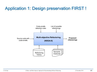 © Ali Ouni A Mono- and Multi-objective Approach for Recommending Software Refactoring 12 November 2014 41
Application 1: Design preservation FIRST !
Refactoring
history
Proposed
refactorings
Semantic
measures
D
Multi-objective Refactoring
(NSGA-II)
Source code with
code-smells
Code-smells
detection rules
List of possible
refactorings
 