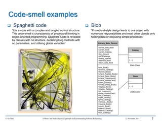 Code-smell examples
 Blob
“Procedural-style design leads to one object with
numerous responsibilities and most other objects only
holding data or executing simple processes”
© Ali Ouni A Mono- and Multi-objective Approach for Recommending Software Refactoring 12 November 2014 7
 Spaghetti code
“It is a code with a complex and tangled control structure.
This code-smell is characteristic of procedural thinking in
object-oriented programming. Spaghetti Code is revealed
by classes with no structure, declaring long methods with
no parameters, and utilising global variables” Librairy_Main_Control
-borrow_date_Book
-current_Book
-current_Catalog
-fine_Amount
-listOfCatalogs
-librairy_opened
-reserved_Book
-return_date_Book
+add_Book()
+archive_Catalog()
+borrow_Book()
+check_Availabi_Book()
+check_Delay_Book()
+check_FineAmount()
+check_ValidityCard()
+close_Librairy()
+create_cheap_Book()
+display_Book()
+display_Catalog()
+do_Inventory()
+issue_LibrairyCard()
+list_Catalogs()
+open_Librairy()
+print_Catalog()
+remove__Book()
+reserve_Book()
+return_Book()
+search_Book()
+search_Catalog()
+sort_Catalog()
Catalog
-…
+…()
Book
-…
+…()
Data Class
Data Class
 