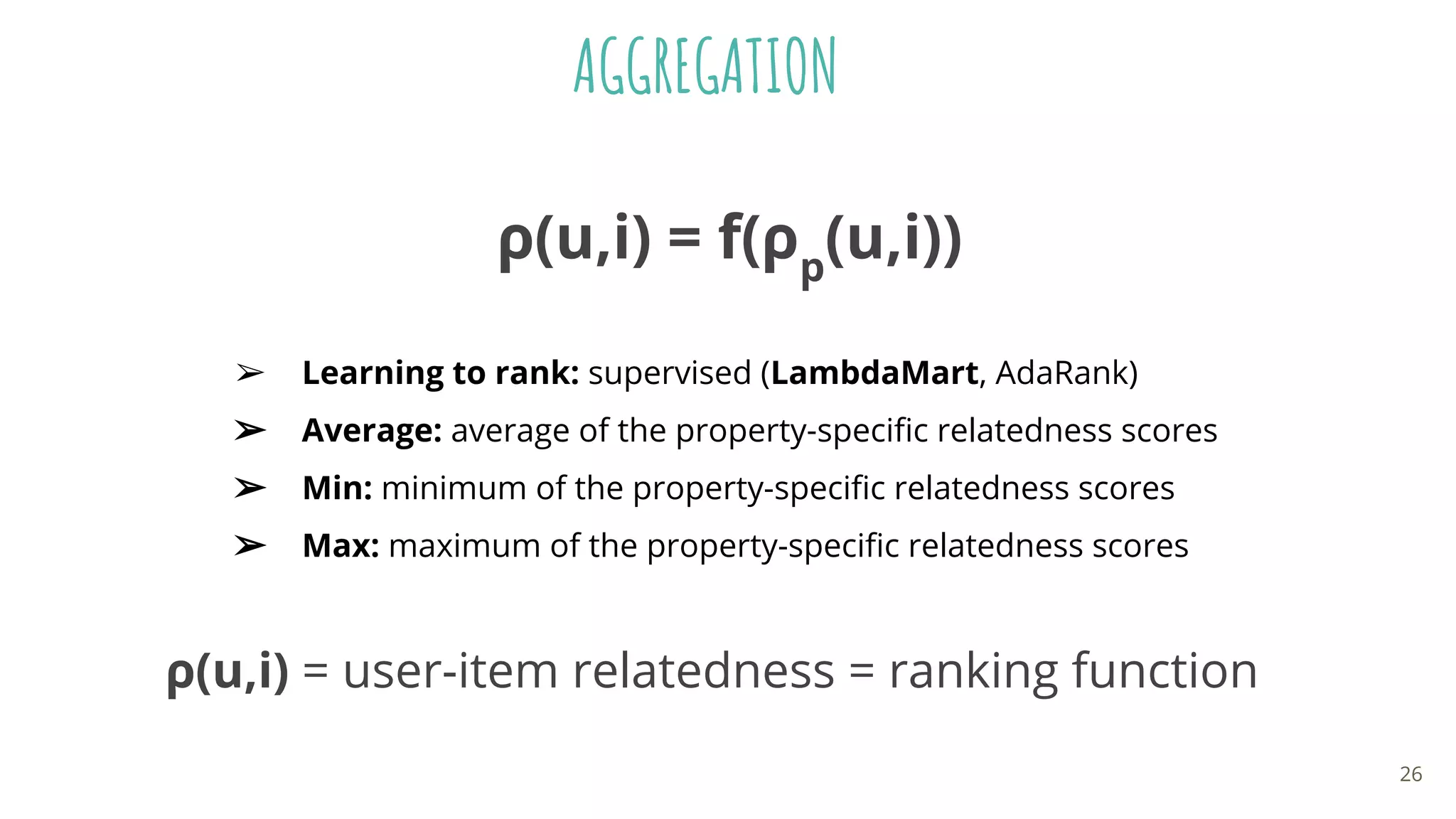 AGGREGATION
➢ Learning to rank: supervised (LambdaMart, AdaRank)
➢ Average: average of the property-speciﬁc relatedness scores
➢ Min: minimum of the property-speciﬁc relatedness scores
➢ Max: maximum of the property-speciﬁc relatedness scores
ρ(u,i) = f(ρp
(u,i))
ρ(u,i) = user-item relatedness = ranking function
26
 