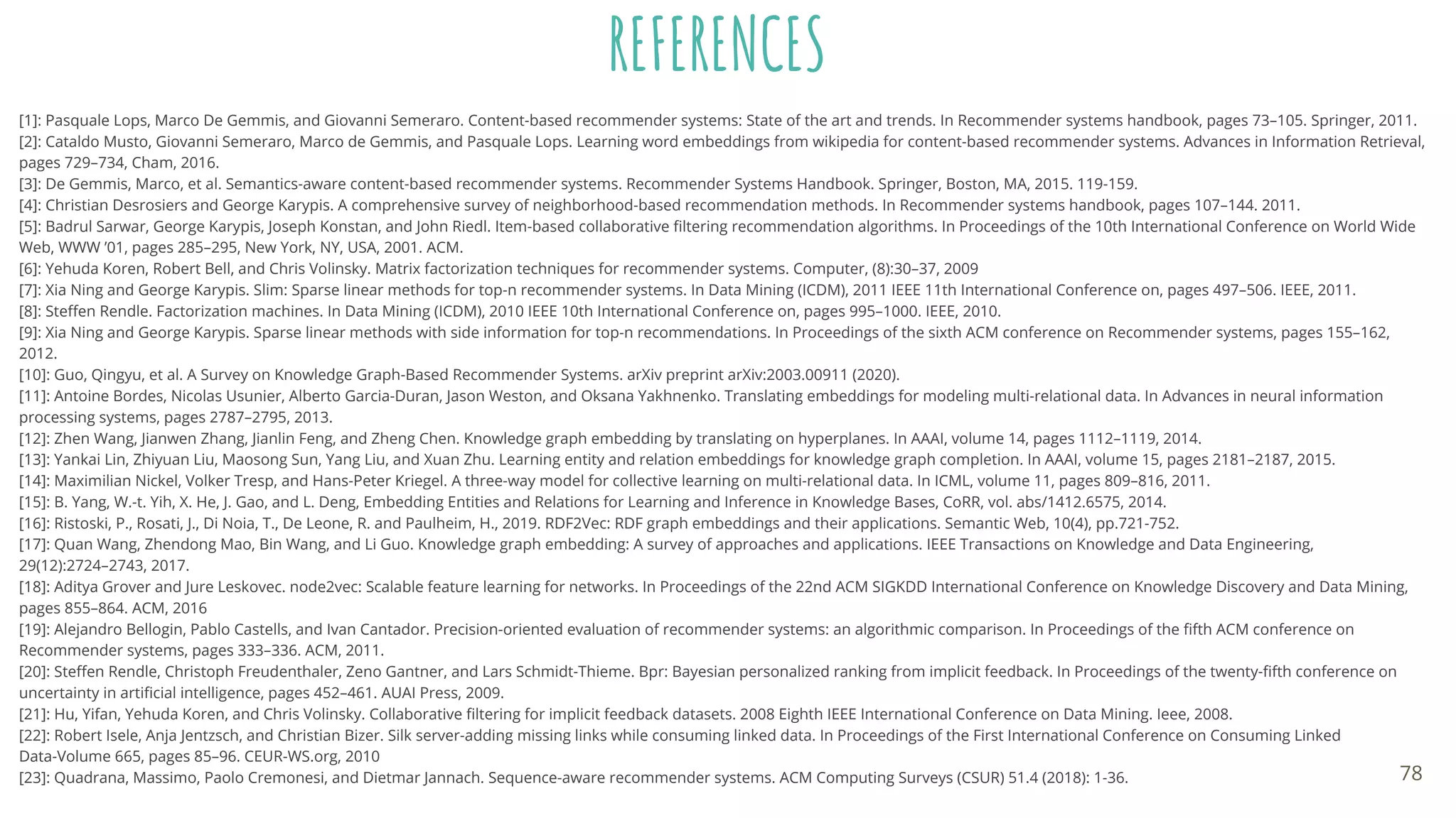 REFERENCES
[1]: Pasquale Lops, Marco De Gemmis, and Giovanni Semeraro. Content-based recommender systems: State of the art and trends. In Recommender systems handbook, pages 73–105. Springer, 2011.
[2]: Cataldo Musto, Giovanni Semeraro, Marco de Gemmis, and Pasquale Lops. Learning word embeddings from wikipedia for content-based recommender systems. Advances in Information Retrieval,
pages 729–734, Cham, 2016.
[3]: De Gemmis, Marco, et al. Semantics-aware content-based recommender systems. Recommender Systems Handbook. Springer, Boston, MA, 2015. 119-159.
[4]: Christian Desrosiers and George Karypis. A comprehensive survey of neighborhood-based recommendation methods. In Recommender systems handbook, pages 107–144. 2011.
[5]: Badrul Sarwar, George Karypis, Joseph Konstan, and John Riedl. Item-based collaborative ﬁltering recommendation algorithms. In Proceedings of the 10th International Conference on World Wide
Web, WWW ’01, pages 285–295, New York, NY, USA, 2001. ACM.
[6]: Yehuda Koren, Robert Bell, and Chris Volinsky. Matrix factorization techniques for recommender systems. Computer, (8):30–37, 2009
[7]: Xia Ning and George Karypis. Slim: Sparse linear methods for top-n recommender systems. In Data Mining (ICDM), 2011 IEEE 11th International Conference on, pages 497–506. IEEE, 2011.
[8]: Steﬀen Rendle. Factorization machines. In Data Mining (ICDM), 2010 IEEE 10th International Conference on, pages 995–1000. IEEE, 2010.
[9]: Xia Ning and George Karypis. Sparse linear methods with side information for top-n recommendations. In Proceedings of the sixth ACM conference on Recommender systems, pages 155–162,
2012.
[10]: Guo, Qingyu, et al. A Survey on Knowledge Graph-Based Recommender Systems. arXiv preprint arXiv:2003.00911 (2020).
[11]: Antoine Bordes, Nicolas Usunier, Alberto Garcia-Duran, Jason Weston, and Oksana Yakhnenko. Translating embeddings for modeling multi-relational data. In Advances in neural information
processing systems, pages 2787–2795, 2013.
[12]: Zhen Wang, Jianwen Zhang, Jianlin Feng, and Zheng Chen. Knowledge graph embedding by translating on hyperplanes. In AAAI, volume 14, pages 1112–1119, 2014.
[13]: Yankai Lin, Zhiyuan Liu, Maosong Sun, Yang Liu, and Xuan Zhu. Learning entity and relation embeddings for knowledge graph completion. In AAAI, volume 15, pages 2181–2187, 2015.
[14]: Maximilian Nickel, Volker Tresp, and Hans-Peter Kriegel. A three-way model for collective learning on multi-relational data. In ICML, volume 11, pages 809–816, 2011.
[15]: B. Yang, W.-t. Yih, X. He, J. Gao, and L. Deng, Embedding Entities and Relations for Learning and Inference in Knowledge Bases, CoRR, vol. abs/1412.6575, 2014.
[16]: Ristoski, P., Rosati, J., Di Noia, T., De Leone, R. and Paulheim, H., 2019. RDF2Vec: RDF graph embeddings and their applications. Semantic Web, 10(4), pp.721-752.
[17]: Quan Wang, Zhendong Mao, Bin Wang, and Li Guo. Knowledge graph embedding: A survey of approaches and applications. IEEE Transactions on Knowledge and Data Engineering,
29(12):2724–2743, 2017.
[18]: Aditya Grover and Jure Leskovec. node2vec: Scalable feature learning for networks. In Proceedings of the 22nd ACM SIGKDD International Conference on Knowledge Discovery and Data Mining,
pages 855–864. ACM, 2016
[19]: Alejandro Bellogin, Pablo Castells, and Ivan Cantador. Precision-oriented evaluation of recommender systems: an algorithmic comparison. In Proceedings of the ﬁfth ACM conference on
Recommender systems, pages 333–336. ACM, 2011.
[20]: Steﬀen Rendle, Christoph Freudenthaler, Zeno Gantner, and Lars Schmidt-Thieme. Bpr: Bayesian personalized ranking from implicit feedback. In Proceedings of the twenty-ﬁfth conference on
uncertainty in artiﬁcial intelligence, pages 452–461. AUAI Press, 2009.
[21]: Hu, Yifan, Yehuda Koren, and Chris Volinsky. Collaborative ﬁltering for implicit feedback datasets. 2008 Eighth IEEE International Conference on Data Mining. Ieee, 2008.
[22]: Robert Isele, Anja Jentzsch, and Christian Bizer. Silk server-adding missing links while consuming linked data. In Proceedings of the First International Conference on Consuming Linked
Data-Volume 665, pages 85–96. CEUR-WS.org, 2010
[23]: Quadrana, Massimo, Paolo Cremonesi, and Dietmar Jannach. Sequence-aware recommender systems. ACM Computing Surveys (CSUR) 51.4 (2018): 1-36. 78
 
